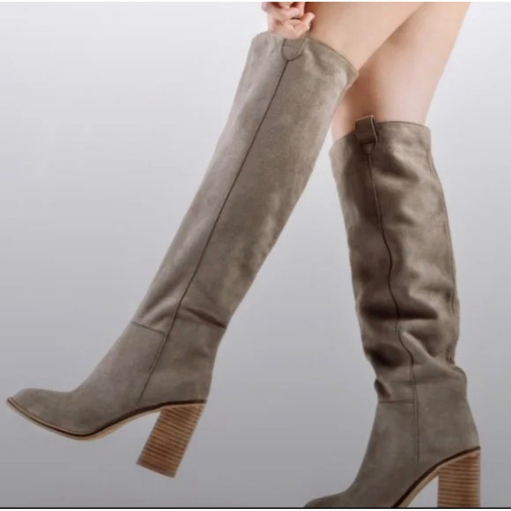 Mi.im Womens Taupe Faux Suede Slouchy Tall Block Heel Boots Size 7.5 Pointed Toe